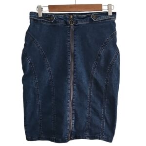 Guess Y2K Medium Wash Denim Pencil Skirt Women’s M Front Zip Stretch Going Out